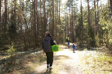 Family enjoys a day in the woods while carrying a picnic basket and exploring nature paths during springtime
