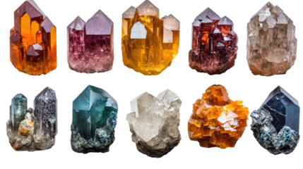 Collection of colorful crystal gemstones including amethyst, quartz, and blue gems in a close-up view with a transparent and shiny appearance