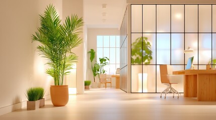 A modern workspace featuring natural light, greenery, and stylish furniture, creating a fresh and inviting atmosphere for productivity.