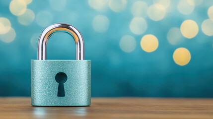 Fototapeta premium locked padlock with shiny silver shackle, symbolizing security and protection, stands wooden surface against blurred blue