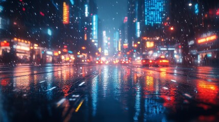 Obraz premium City street glistens with rain. Glowing lights reflect on wet pavement under a dark, snowy sky