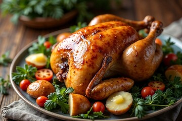 Roasted chicken with vegetables on a plate, appetizing mood, gourmet dish presentation, copy space