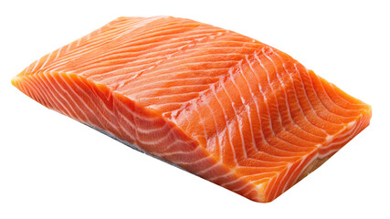 A large thick piece of fresh raw salmon fillet isolated on white background showing its rich orange color and visible muscle structure
