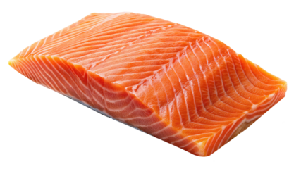 A large thick piece of fresh raw salmon fillet isolated on white background showing its rich orange color and visible muscle structure