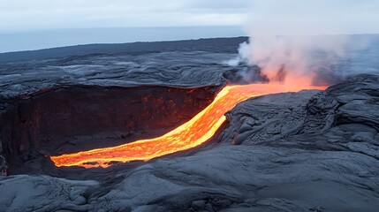 Naklejka premium Molten lava river flows from volcano, landscape scene, with steam clouds, background ocean view, for travel