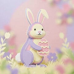 Obraz premium A pastel illustration of a cute bunny holding a decorated Easter egg, surrounded by soft floral elements. 