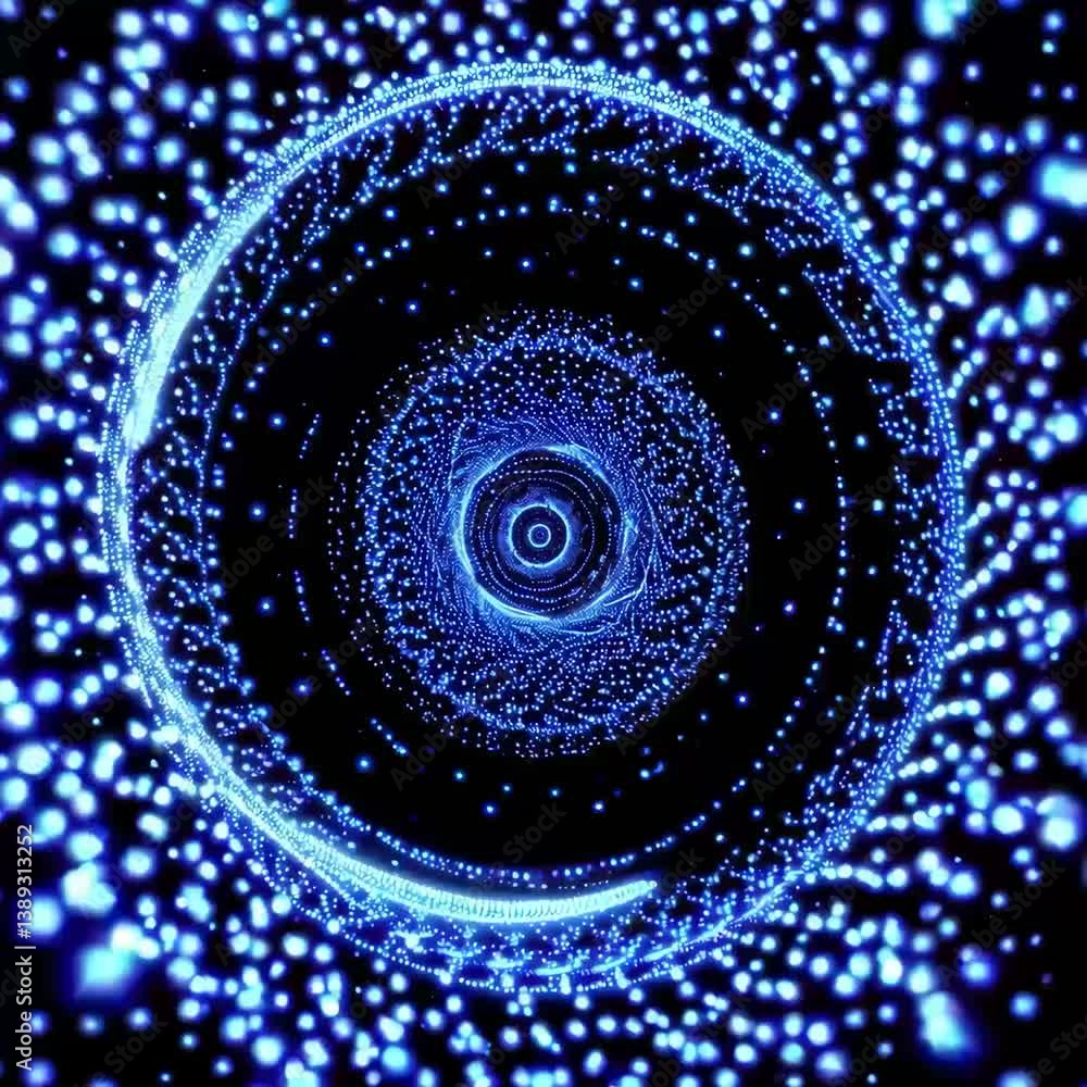 Poster abstract video of a glowing blue particle vortex, viewed from a top-down angle, creating a dynamic, 