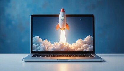 Laptop Screen Rocket Launch Startup Success of excellence in splendor beyond compare with grace