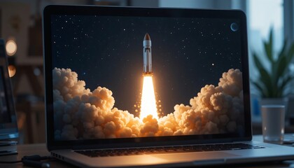 Rocket Launch Displayed on Laptop Screen of excellence in splendor beyond compare with grace