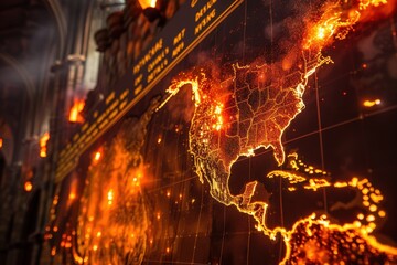Fototapeta premium Glowing map of the Americas with intricate details and warm colors.