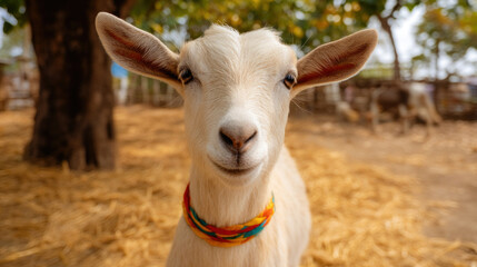 Fototapeta premium Portrait of a cute goat with colorful collar farm animal looking at camera