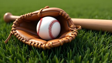 Perfectly detailed baseball glove ball bat resting on green grass