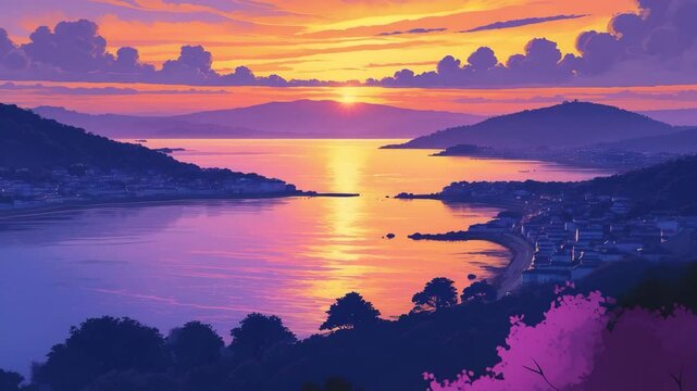 Panoramic view over a coastal town, hills and a bay at sunset_g_1_3_1.png