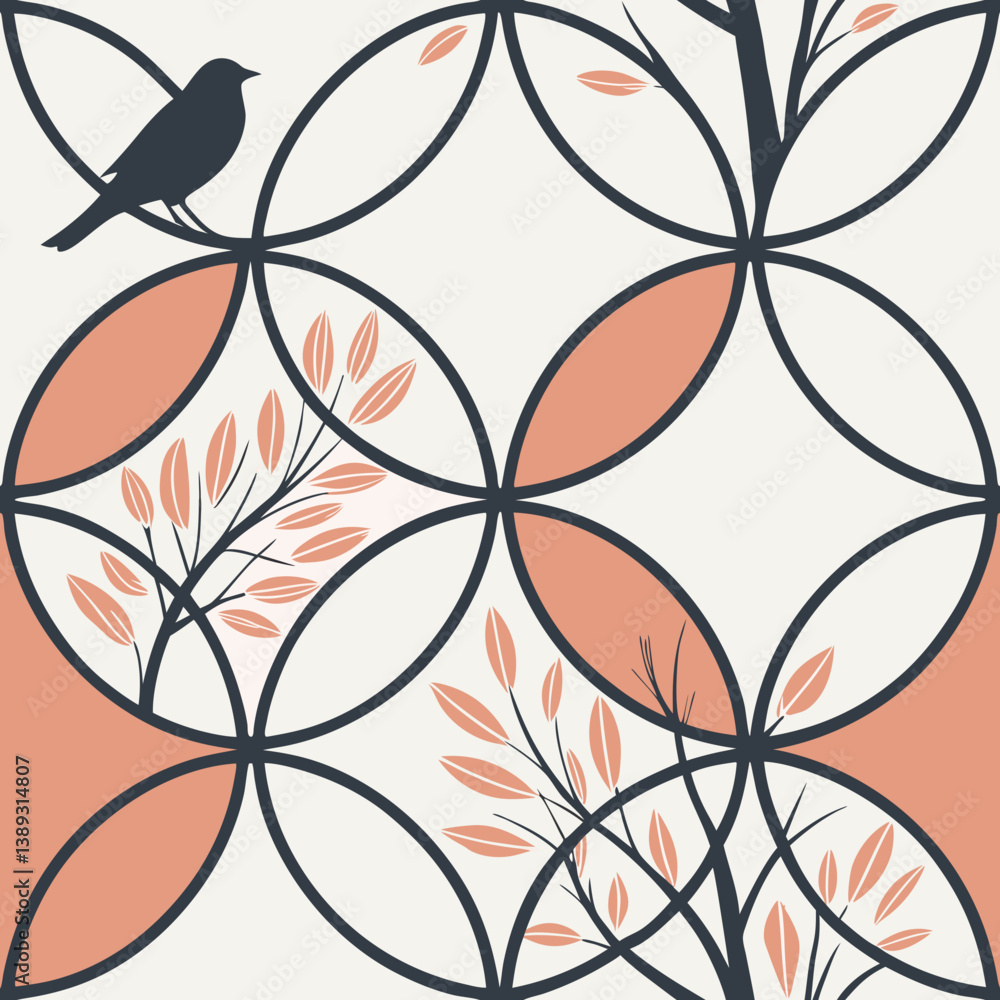 Poster seamless pattern with birds and branches in warm colors with circular patterns