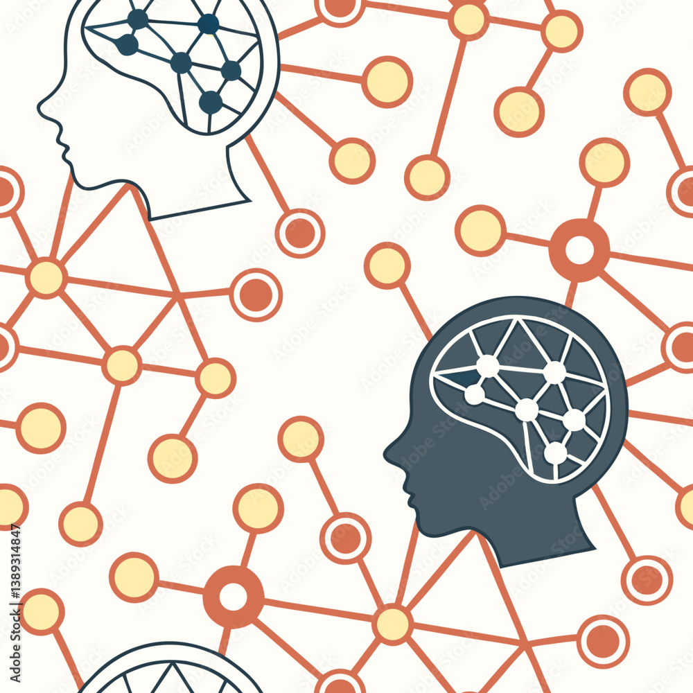 Poster seamless pattern of brain icons connected by network nodes, neural networks, artificial intelligence
