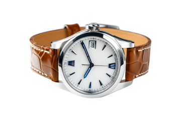 Luxury wristwatch with brown leather strap and white dial isolated on transparent background