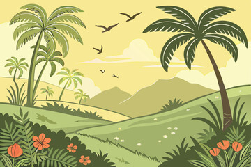 121 Tropical paradise, lush green landscape, palm trees, distant mountains, golden sky, sunset, birds flying, vibrant flora, serene meadow, fluffy clouds, cartoon style, vector art, peaceful scene, ex