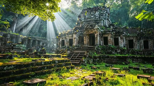 Sunbeams illuminate ancient stone temple ruins overgrown with lush vegetation