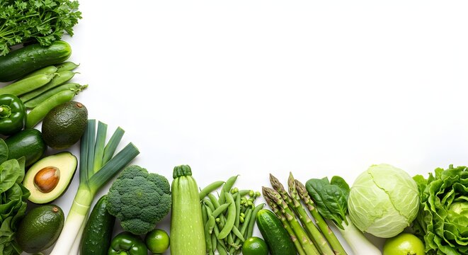 Vibrant Green Vegetables Corner Border on White Background - Powered by Adobe