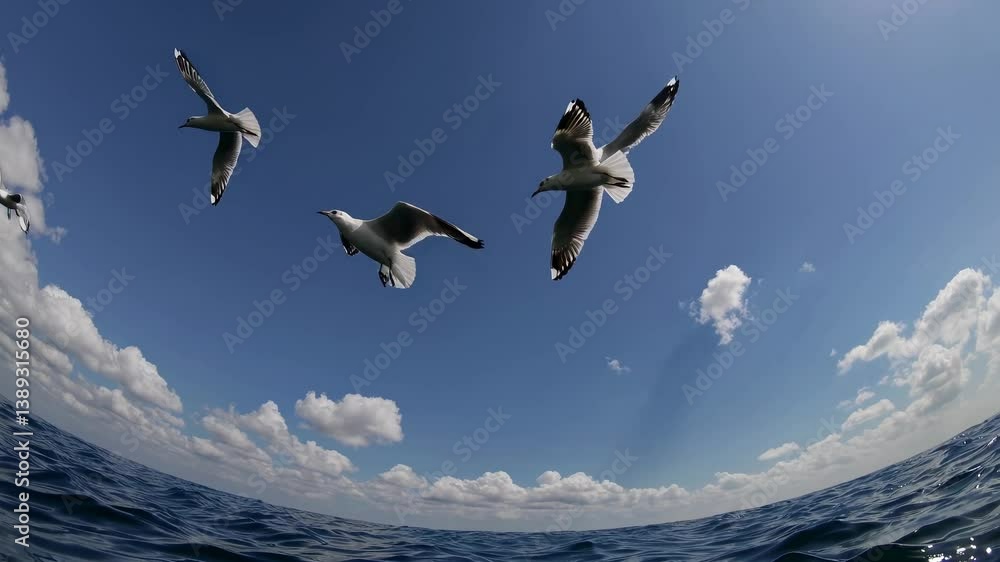 Poster a fisheye lens captures a wide-angle view of seagulls soaring over the ocean, creating a dynamic, im