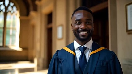 Empowered male student stands tall in graduation attire, embracing success and looking toward the future