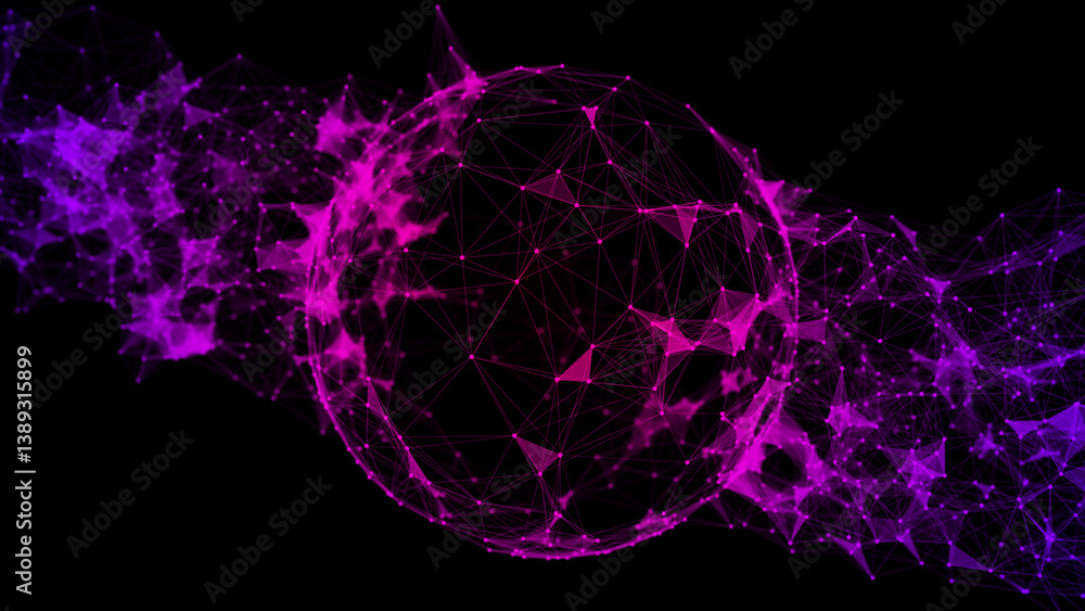 Poster abstract pink sphere on black background. wireframe circle structure with glowing particles and line