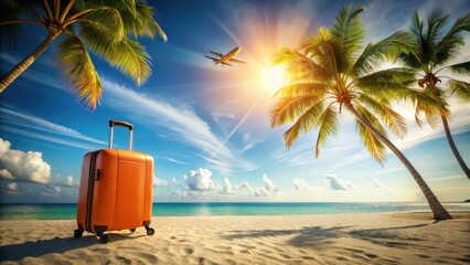 Fototapeta premium Awaits Tropical Paradise Orange Suitcase on Sandy Beach, Palm Trees Swaying Gently in the Warm Breeze, Airplane Soaring Overhead, Sun's Golden Rays Illuminating the Idyllic Scene