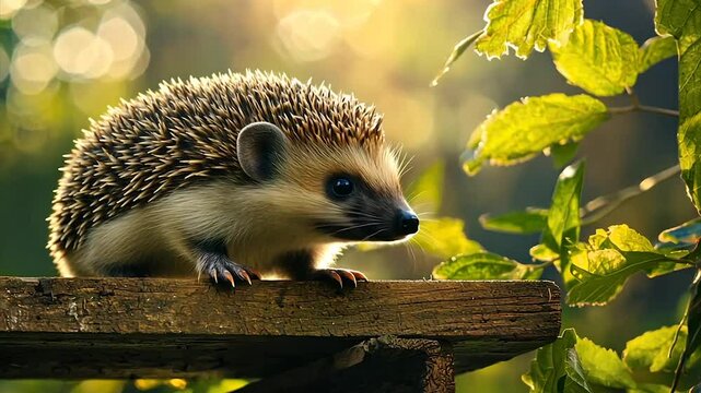 Adorable hedgehog perched on wood, bathed in sunlight