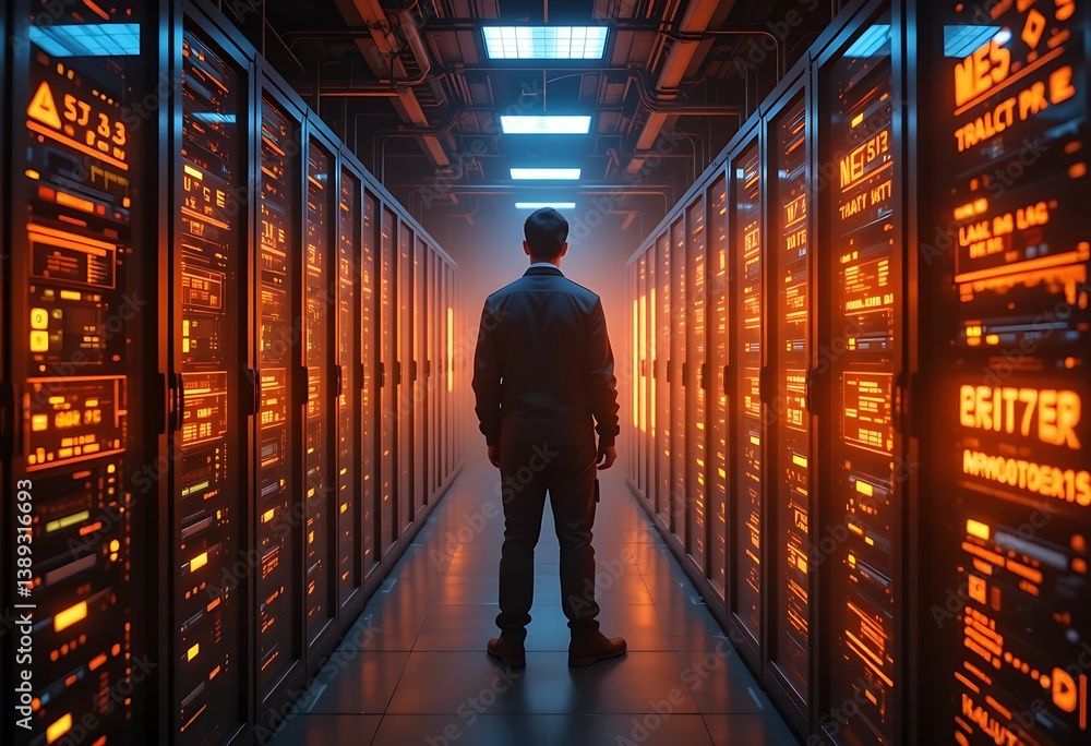 Poster man stands in a server room with glowing orange lights and rows of server racks on both sides of the