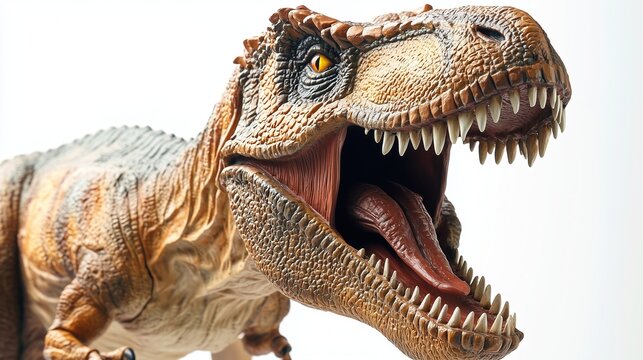 Menacing T-Rex figurine with sharp teeth, isolated and striking, conveying primal ferocity and raw power.