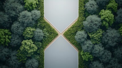 Aerial view of a path in forest. Green vegetation separates concrete