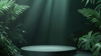 Dark, green product display podium in tropical foliage