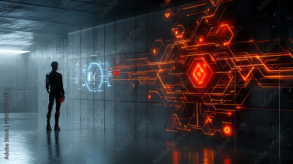 Poster futuristic interface interaction high-tech lab digital art sci-fi environment side view technology c