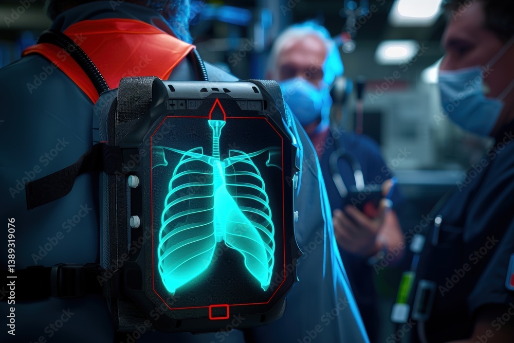 Poster futuristic medical device displaying lung graphics on a backpack.