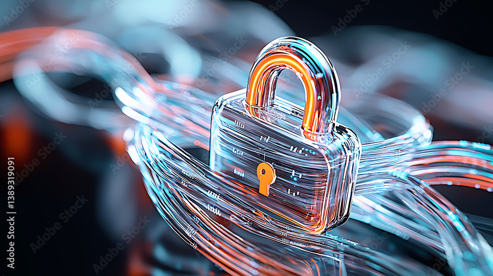Poster cybersecurity innovation transparent lock and data flow digital realm 3d illustration futuristic env