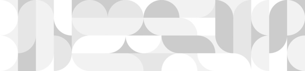 White trendy seamless background of circles and squares in modern Scandinavian style. Cover of gray geometric shapes in retro texture for wallpaper or packaging.