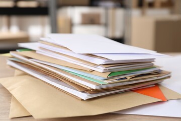 Many different envelopes on table in post office