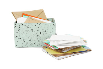 Many different paper envelopes on white background. Post office