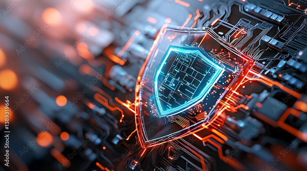 Poster cybersecurity shield protecting digital data virtual environment graphic design high-tech concept cl