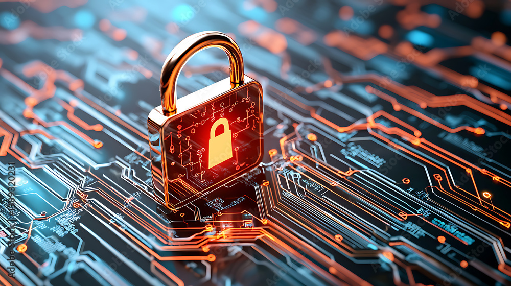 Poster cybersecurity action digital lock on circuit board virtual environment close-up data protection conc