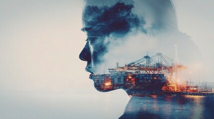 Double Exposure Portrait of Logistics Manager at Shipping Port