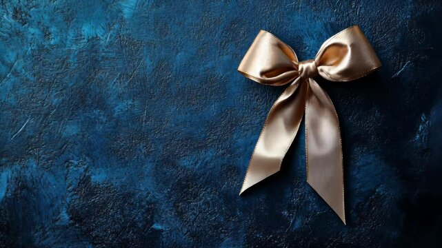 Elegant champagne bow adorns dark blue textured surface, gift presentation with silky ribbon, luxurious, festive mood