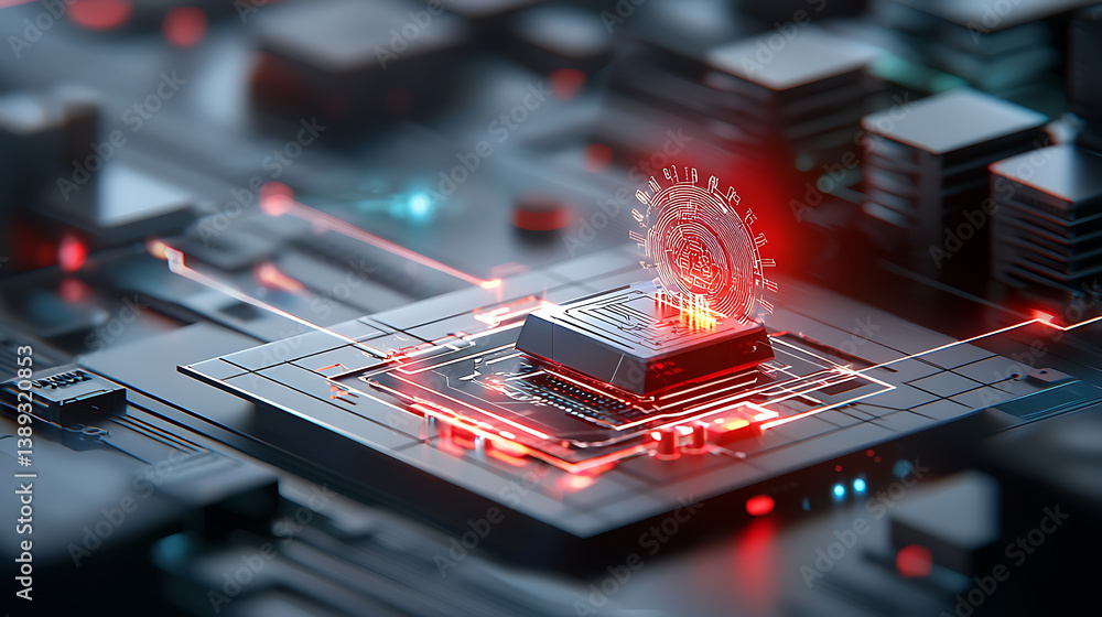 Poster innovative technology event showcasing microchip advancements futuristic laboratory digital art cybe