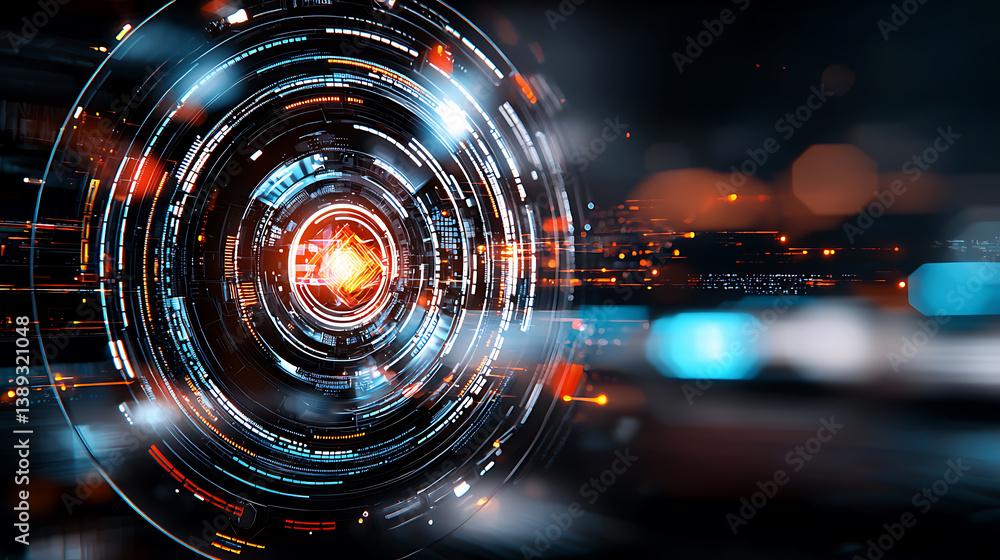 Poster dynamic futuristic technology visualization digital world abstract art virtual environment close-up 