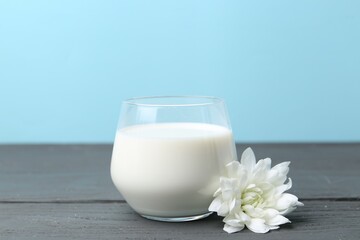 Glass of fresh milk and flower on wooden table against light blue background
