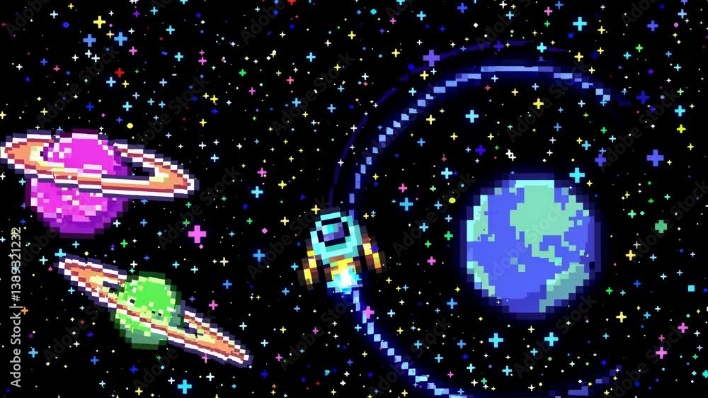 Poster pixel art video style of space with planets and a spaceship. top-down angle showcasing colorful star