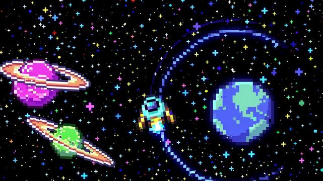 Pixel art video style of space with planets and a spaceship. Top-down angle showcasing colorful stars and cosmic elements in a retro design. Live desktop wallpaper.