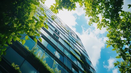 A modern glass building framed by lush green leafy trees