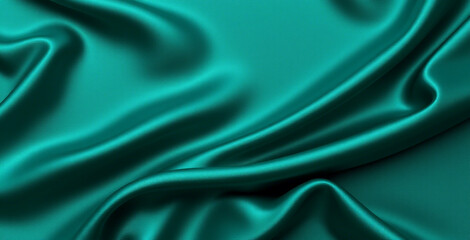 Dark teal green silk satin. Shiny smooth fabric. Soft folds. Luxury background with space for design.