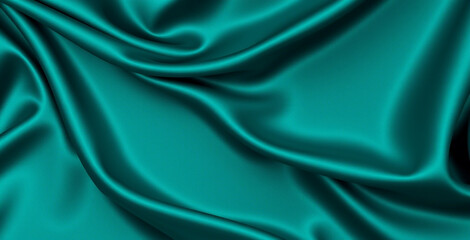 Dark teal green silk satin. Shiny smooth fabric. Soft folds. Luxury background with space for design.